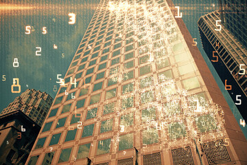 Double exposure of technology theme hologram and cityscape background. Concept of Hightech.