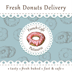 Donuts vintage banner or poster with lacy cut on blue. Homemade pastry delivery leaflet template. baking label. retro sketch, engraved illustration. Doughnuts flyer for bakery shop, cafe, restaurant