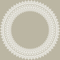 Oriental round white frame with arabesques and floral elements. Floral border with vintage pattern. Greeting card with place for text
