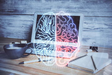 Double exposure of desktop computer and human brain drawing hologram. Ai concept.