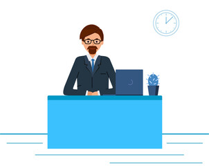Fototapeta na wymiar Business man in a suit working on a laptop computer and office desk. vector illustration in modern flat style on white background.
