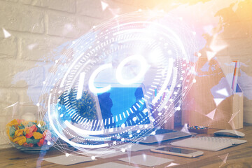 Multi exposure of blockchain and crypto economy theme hologram and table with computer background. Concept of bitcoin cryptocurrency.