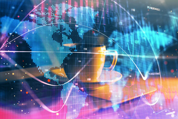 Multi exposure of business theme icons and work space with computer background. Concept of success.