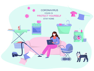 Remote Work or Study at Home and Household Chores.Mother Working at Laptop While the Baby Sleeping in Baby Stroller. Cooking,Washing,Cleaning.Remote Job Online During Quarantine.Vector Illustration