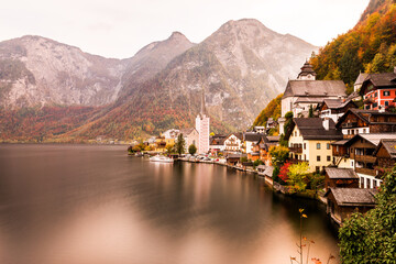 HALLSTATT, AUSTRIA. Beautiful autumn view of Hallstatt with reflection.