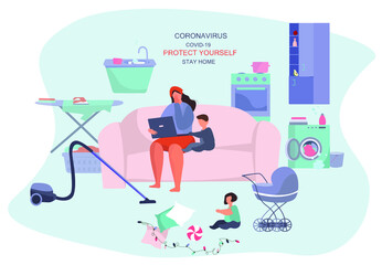 Remote Work at Home and Household Chores.Cooking,Washing,Cleaning.Mother Doing Remote Freelance Job Online During Quarantine with Children. Mother Can't Work Productively.Flat Vector illustration