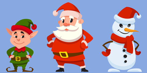Different Christmas characters. Santa Claus, elf and snowman with hands on their belts.
