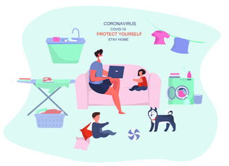 Remote Work or Study at Home and Household Chores.Washing,Cleaning with Child.Father Doing Freelance Job with Laptop during Quarantine.Husband Freelancer Can't Work Productively.Vector Illustration