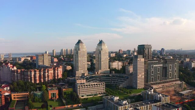 Aerial View of Dnipro City Center, Ukraine. Drone Video Filming