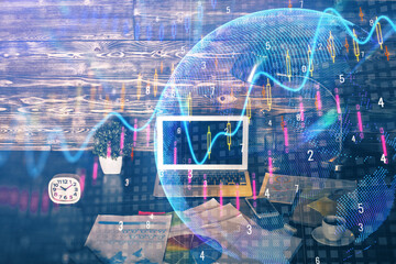 Multi exposure of chart and financial info and work space with computer background. Concept of international online trading.