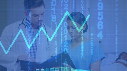Digital animation of financial data processing and binary coding against male doctor and female medi - Powered by Adobe