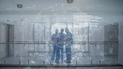 Digital animation of globe of network of connections and data processing against team of medical pro - Powered by Adobe