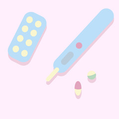 Set with a thermometer and pills, vector illustration on a medical theme