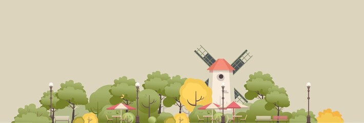 illustration countryside windmill among trees