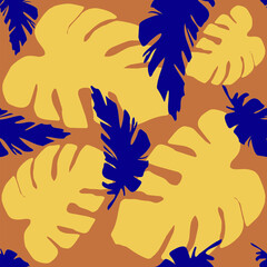 Seamless pattern of Gold and blue palm, banana, and monstera leaves on an orange background. Cute vector background with tropical leaves. Vector illustration in flat style