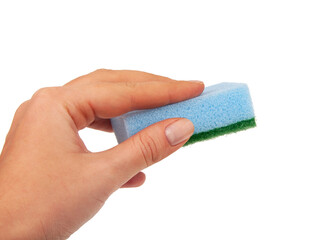Sponge for washing dishes in hand isolated on the white