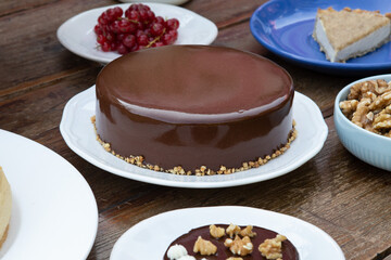 Delicious cake with three different kind of chocolate.