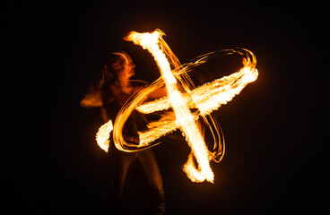 Must-see event. Sexy woman perform infinite spirals in darkness. Art of poi spinning. Fire...