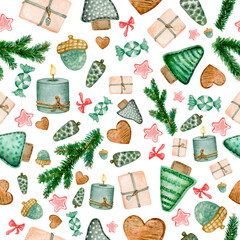 Watercolor Seamless pattern with handmade toys, gift boxes, wood hearts, spruce branches, candles, stars, candy. Ideal for Merry Christmas and Happy New Year cards, flyers, brochures, wrapping paper.