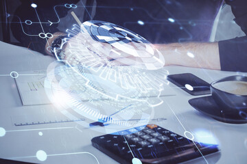 Writing Man hands with data theme multi exposure icons.