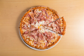 pizza carbonara with bacon, cheese, sauce, egg