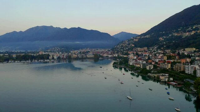 Aerial view, flight  in the morning, Locarno, Lake Maggiore, Ticino, Switzerland