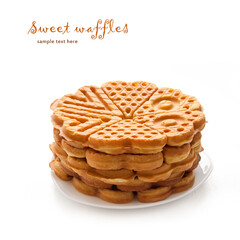 Cookies waffles in shape of heart on white background.