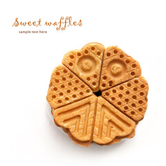 Cookies waffles in shape of heart on white background.