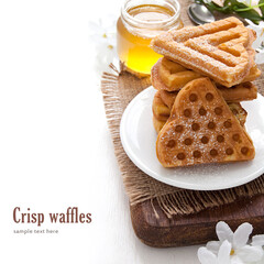 Morning breakfast with waffles in the shape of heart, homemade food