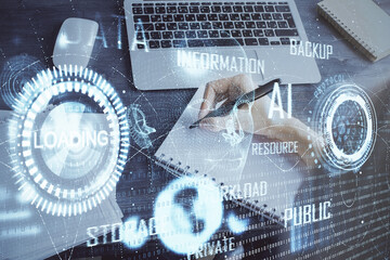 Multi exposure of writing hands on background with data solution hologram. Technology concept.