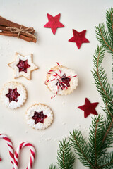 Top view of cookies decorated with fruit marmalade