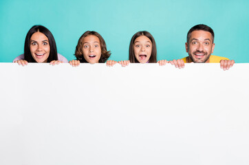 Photo portrait of shocked screaming full family with small kids isolated on vivid turquoise colored...