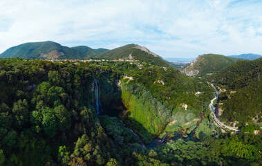 Aerial view. Work before water discharge, small flow. The Cascata delle Marmore is a the largest man-made waterfall. Terni in Umbria Italy. Ultra wide resolution. Hydroelectric power plant