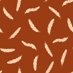 pink feathers seamless pattern on Red background.