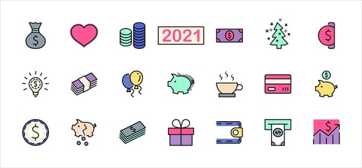 Set of Money Related Vector Line Icons. Contains such Icons as Money Bag, Piggy Bank in the form of a Pig, Wallet, ATM, Bundle of Money, Hand with a Coin and more. Editable Stroke. 32x32 Pixel Perfect