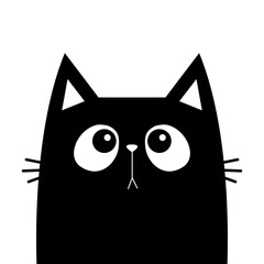 Cat head face black silhouette looking up. Kawaii animal. Cute cartoon baby character. Notebook sticker print template. Pet collection. Flat design style. White background. Isolated.