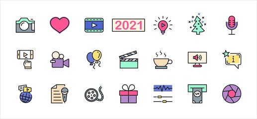 International Film Day Set Line Vector Icons. Contains such Icons as Clapperboard, Camera, Video, Play, Film, Lens, Microphone, Media settings and more. Editable Stroke. 32x32 Pixel Perfect