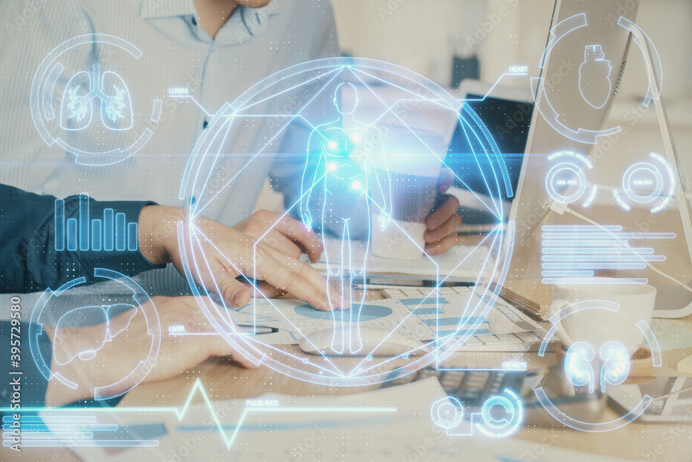 Poster Science hologram with man working on computer on background. Concept of study. Double exposure.