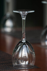 
inverted wine glass on a wooden table.