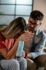 Young woman waiting results from the laboratory. Worried woman waiting Covid-19 test.