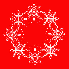 Merry Christmas and Happy New year. Background for winter holidays, white snowflakes on a red background.