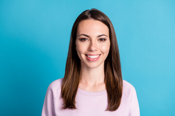 Close-up portrait of her she nice-looking attractive pretty cheerful cheery content girl wearing lavender sweatshirt isolated over bright vivid shine vibrant blue color background
