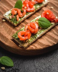 red fish and Basil sandwiches on a wooden stand