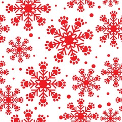 Christmas snowflakes with paw prints seamless vector pattern