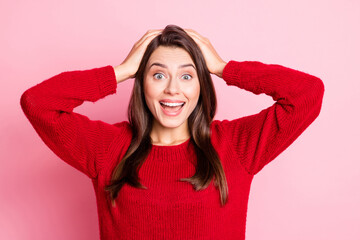 Photo of young lovely lady amazed arms head open mouth wear red pullover isolated pink color background