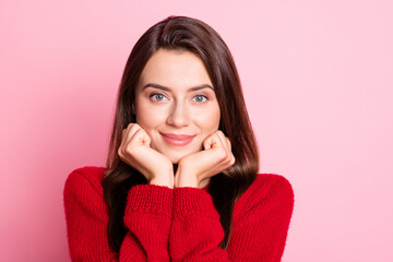 Closeup headshot photo portrait of happy cute female student keeping hands near cheeks smiling isolated on pink color background