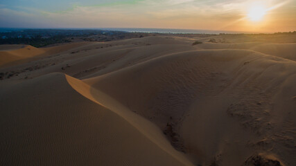 Fototapeta na wymiar Sunset Aerial Droneshot from a empty desert in Vietnam Mui ne