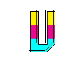 V font letter made of black frame outline shadow of font pink, blue, yellow color. Vector illustration for logo, design element, poster and more