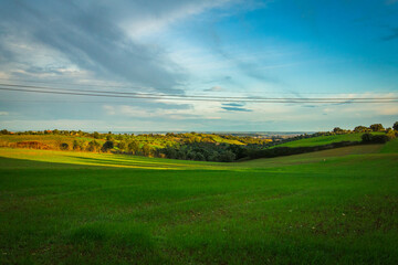 Green fields at a winter sunny sunset