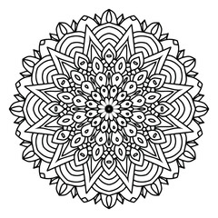 Circular pattern in form of mandala for Henna, Mehndi, tattoo, decoration. Beautiful relaxation black and white ornament. Coloring book page.	